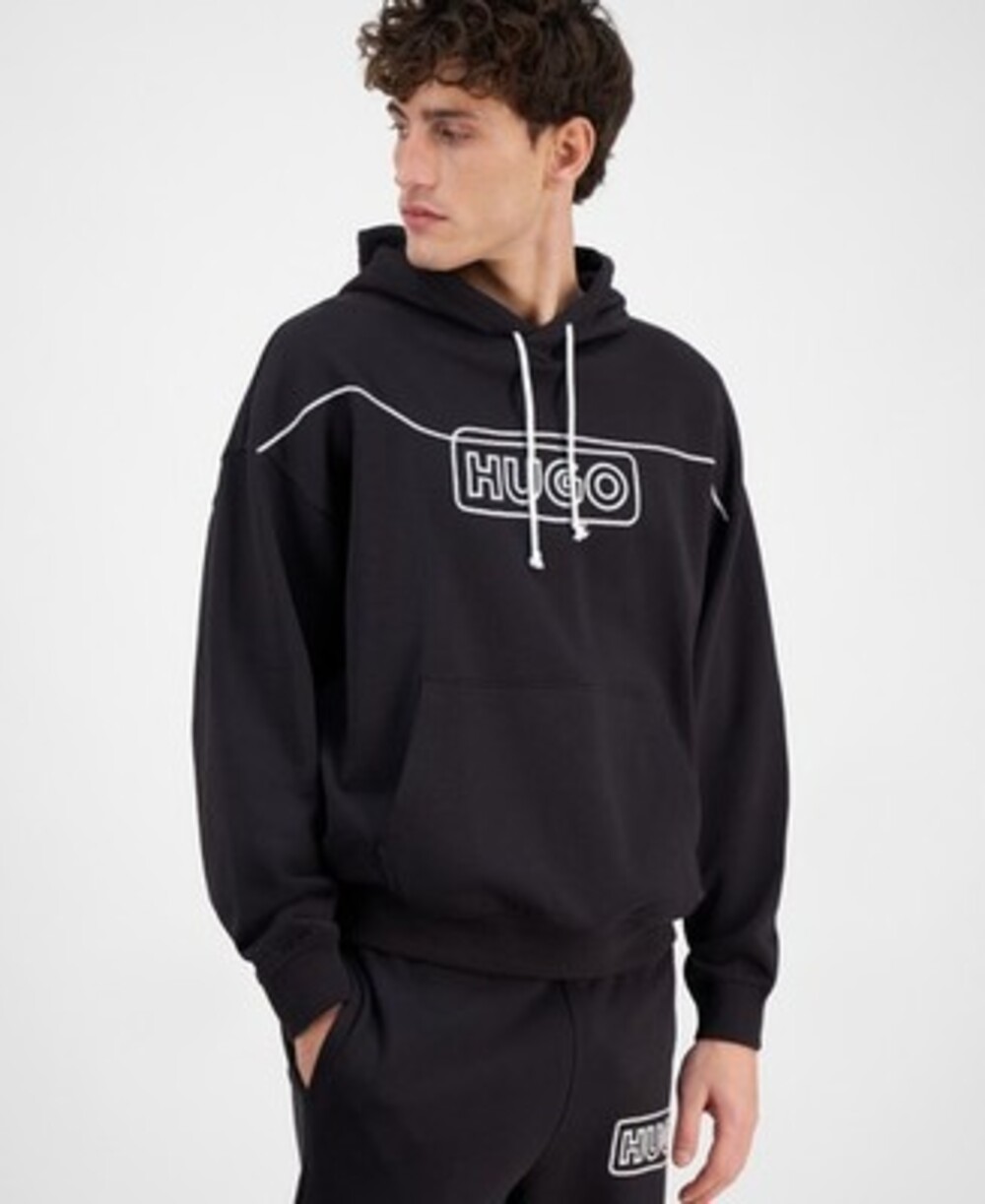 HUGO Cotton Terry Chain Stitch Logo Hoodie Mens L Black Kangaroo Pocket Pullover